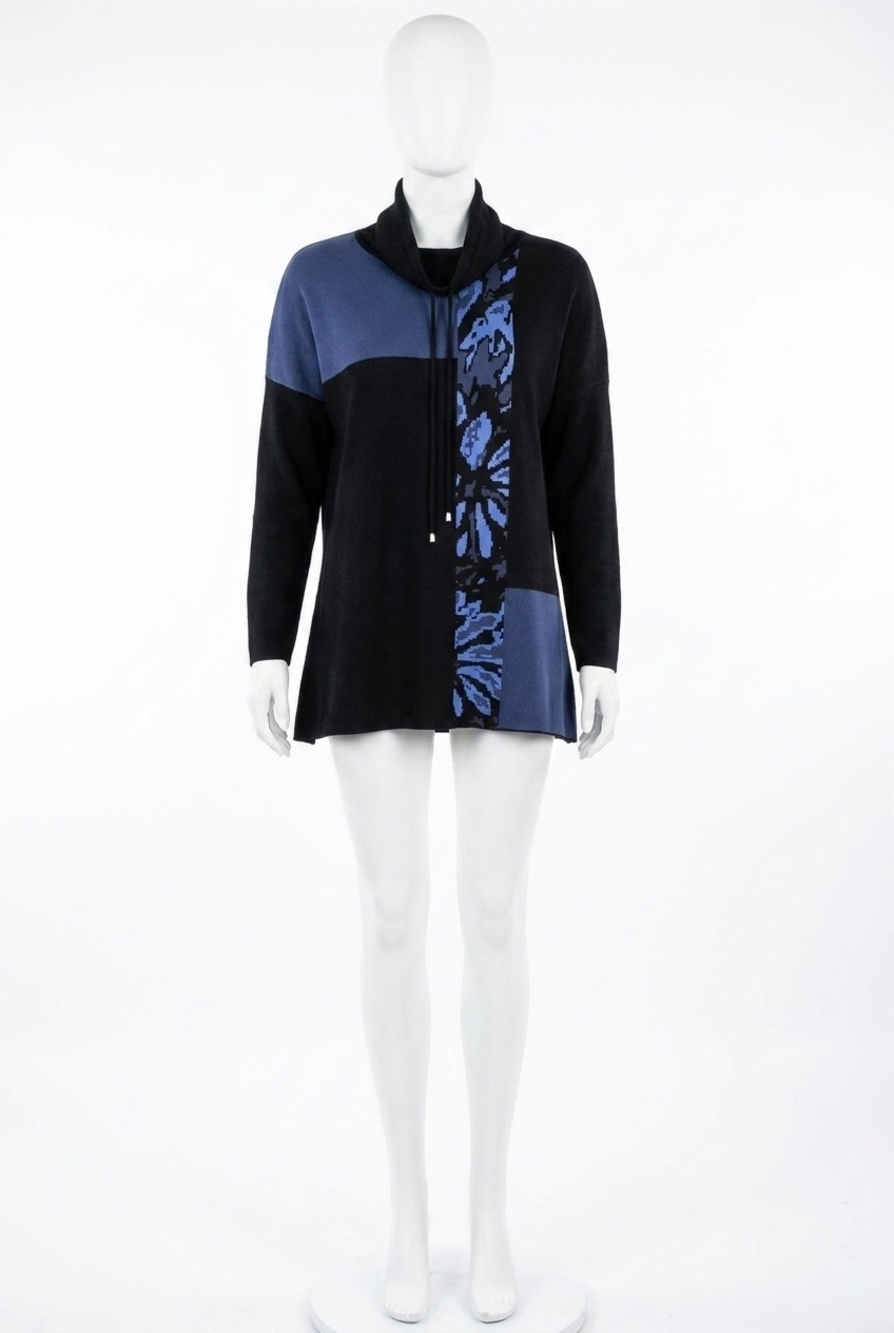 NEW ANGEL APPAREL abstract drawstring poncho in black/periwinkle